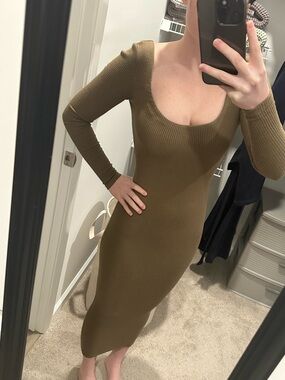 Oh Polly Olive Ribbed Long Sleeve Scoop Midi Dress